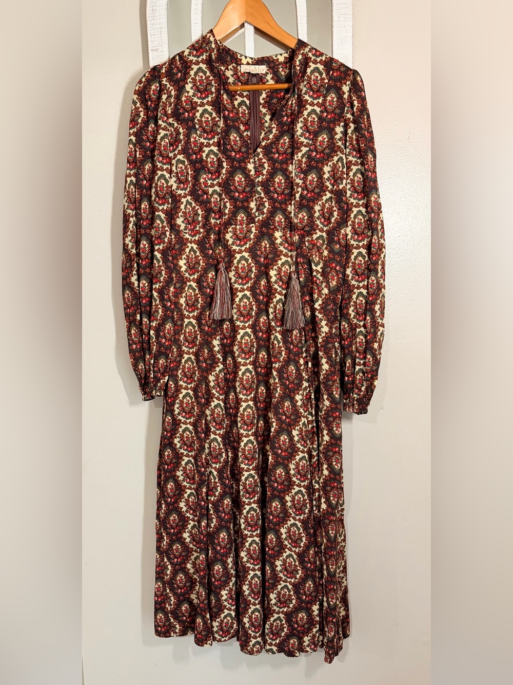 byTiMo Scandinavian Boho Tassel Midi Dress Brown Paisley Floral Size S EUC